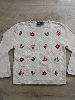 Vintage Liz Sport Cotton Holly Berry Pointsettia Holiday Sweater Medium
